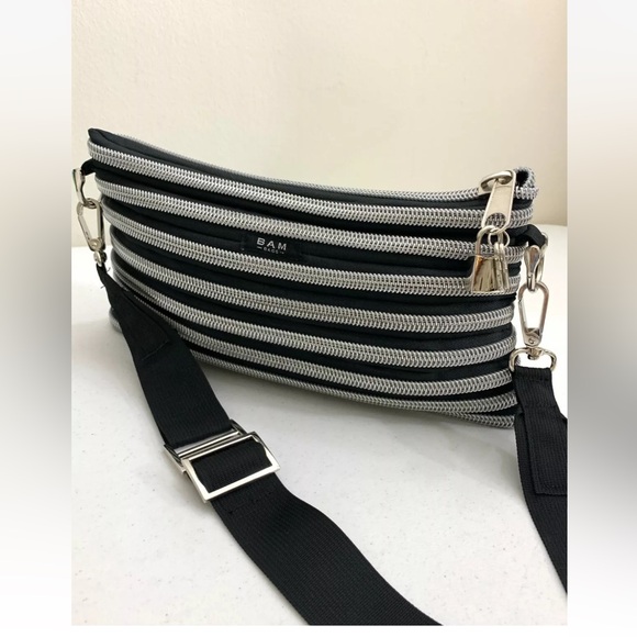 BAM BAGS Black Silver Tone Zipper Purse Black Canvas Strap Shoulder Bag Handbag - Picture 4 of 7